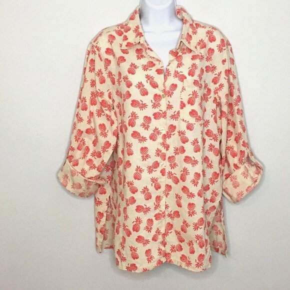 Paradise Shores Tops - Paradise Shores Womens LINEN Blend Tunic Top M Pink Ivory PINEAPPLE Button Up